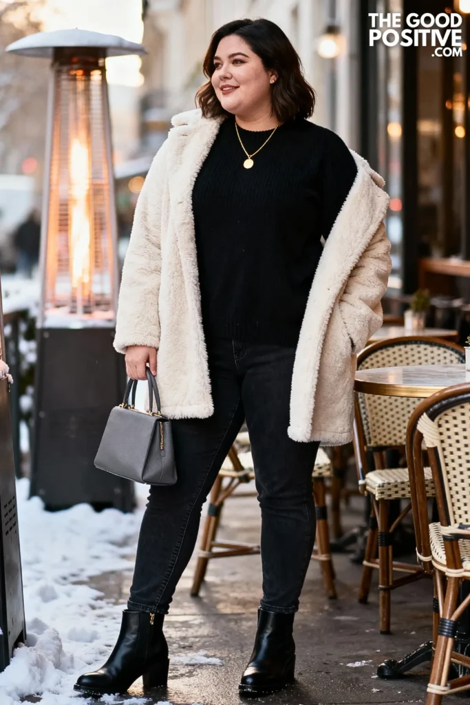 Plus Size Teddy Coat with Slim Jeans and Chelsea Boots Outfit