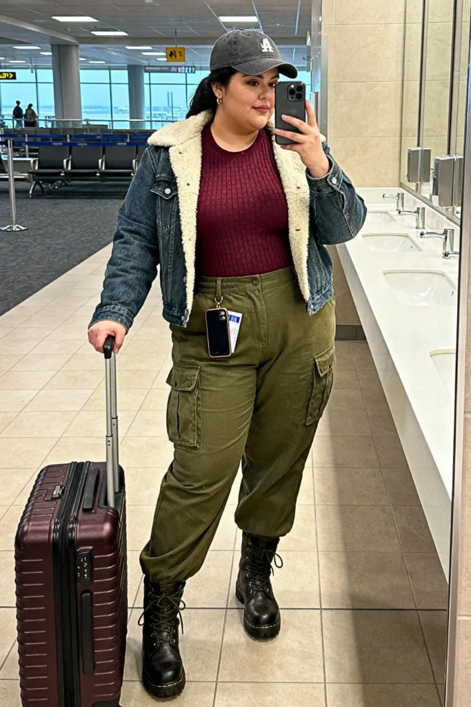 Plus Size Thermal Waffle Knit Top with Cargo Pants Outfit