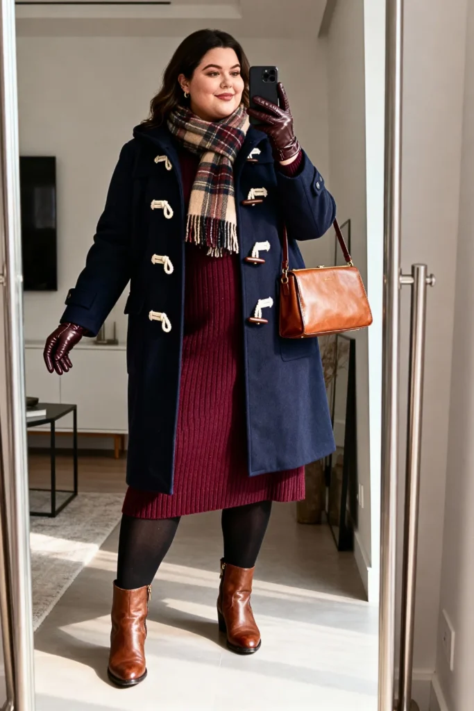 Plus Size Toggle Coat and Sweater Dress Outfit