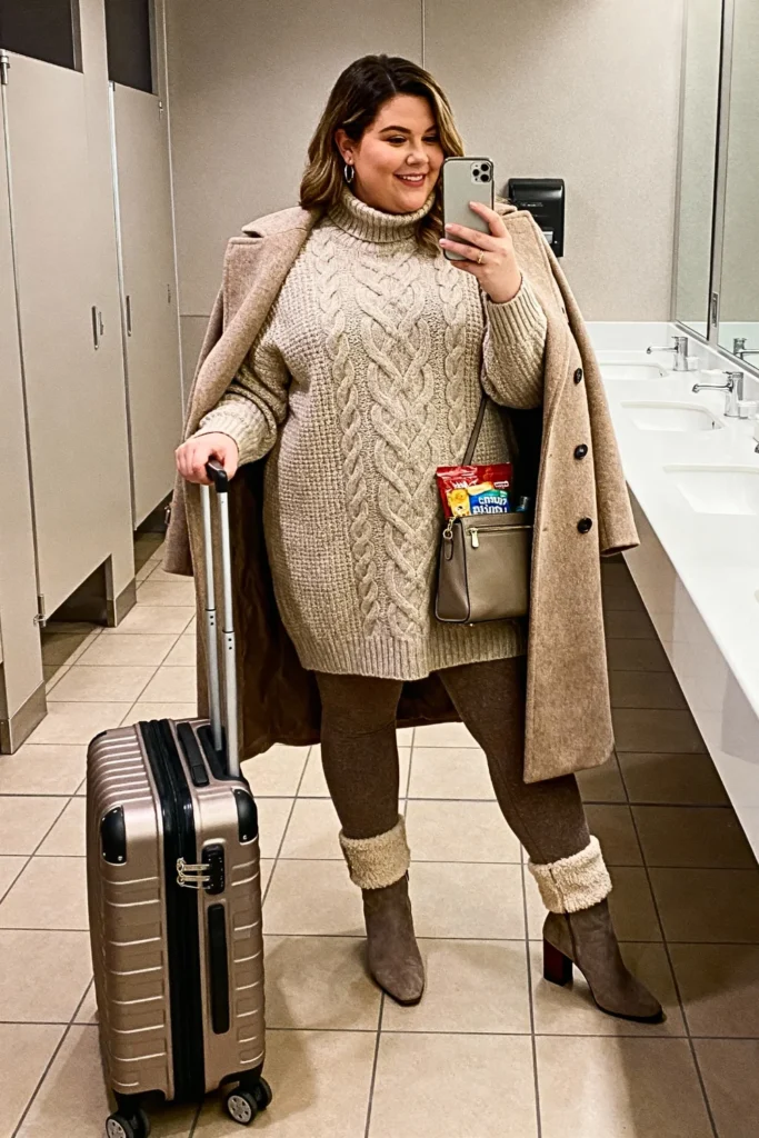 Plus Size Tunic Length Sweater with Fleece Lined Tights Outfit