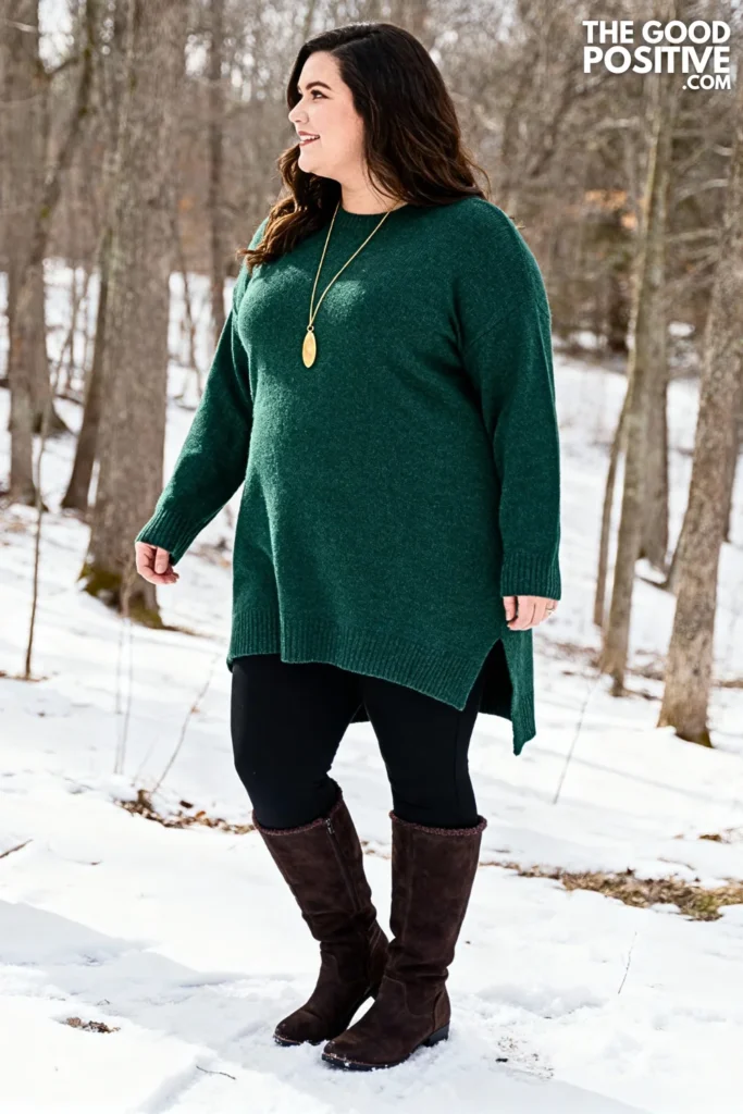 Plus Size Tunic Sweater With Leggings And Tall Boots Outfit