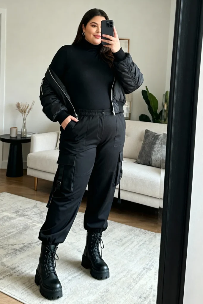 Plus Size Turtleneck Bodysuit and Cargo Pants Outfit