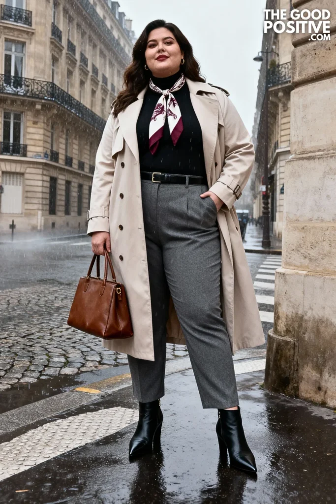 Plus Size Turtleneck Bodysuit with High-Waisted Trousers and Trench Coat Outfit
