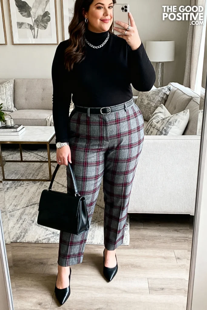 Plus Size Turtleneck and Plaid Trousers Outfit