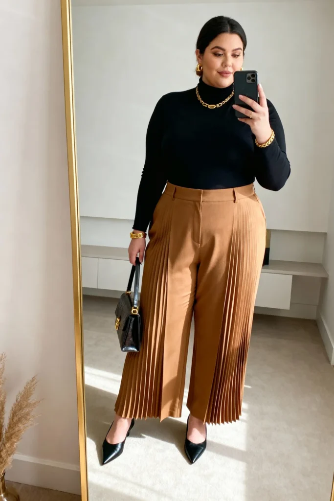 Plus Size Turtleneck and Pleated Pants Outfit