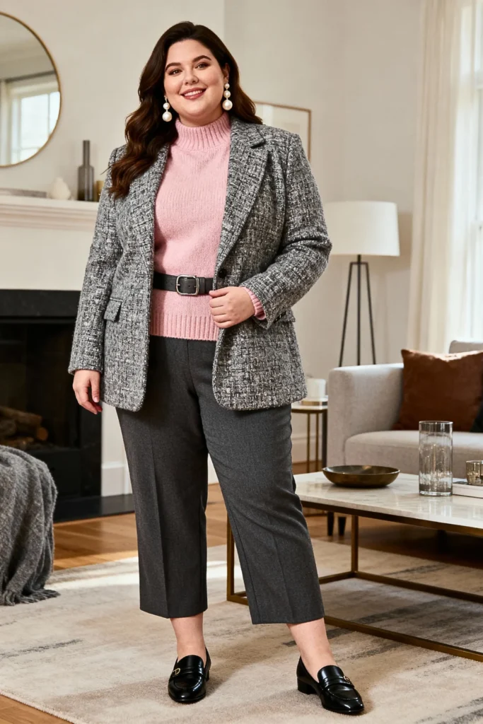 Plus Size Tweed Blazer with Sweater and Trousers Outfit