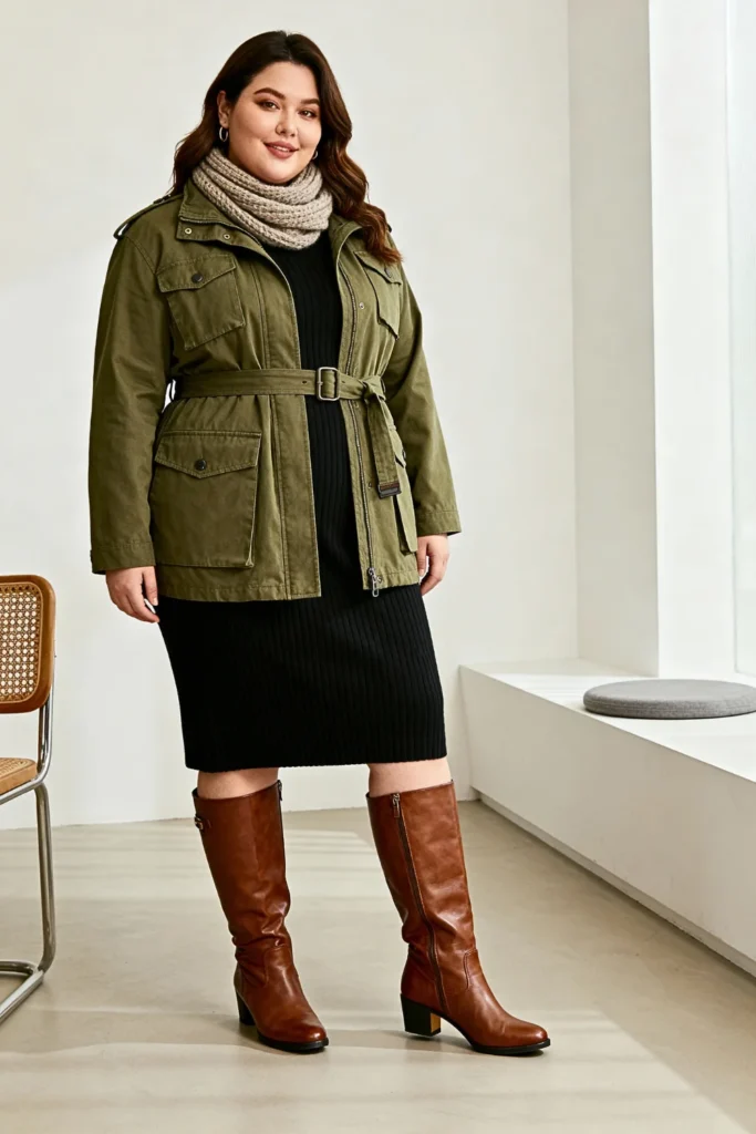 Plus Size Utility Jacket with Thermal Dress Outfit