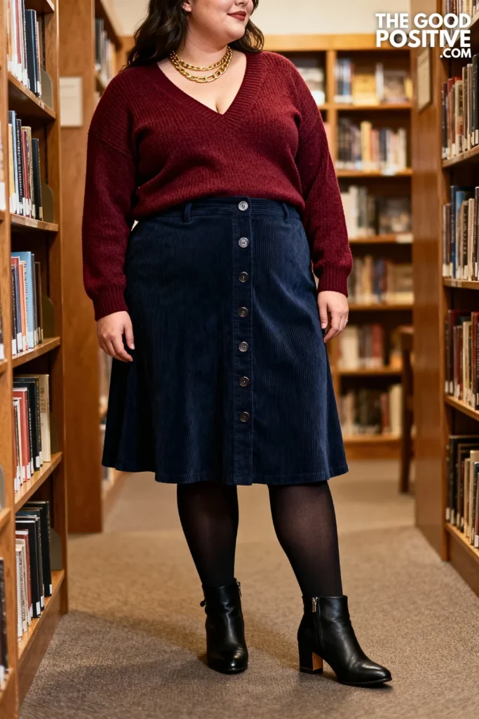Plus Size V-Neck Sweater With Button-Front Midi Skirt Outfit