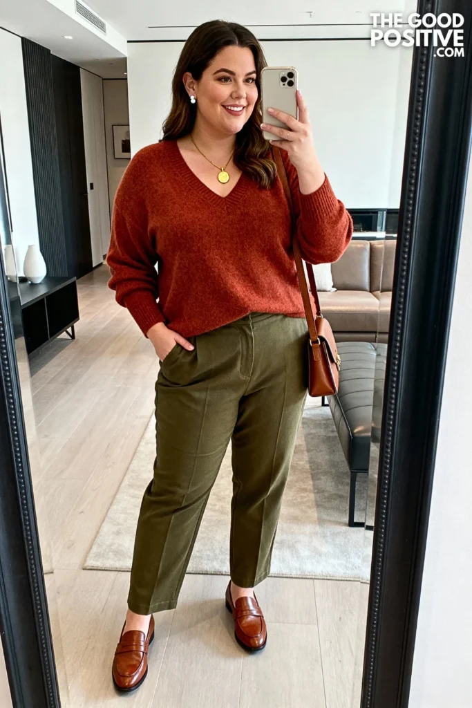 Plus Size V-Neck Sweater and Twill Pants Outfit
