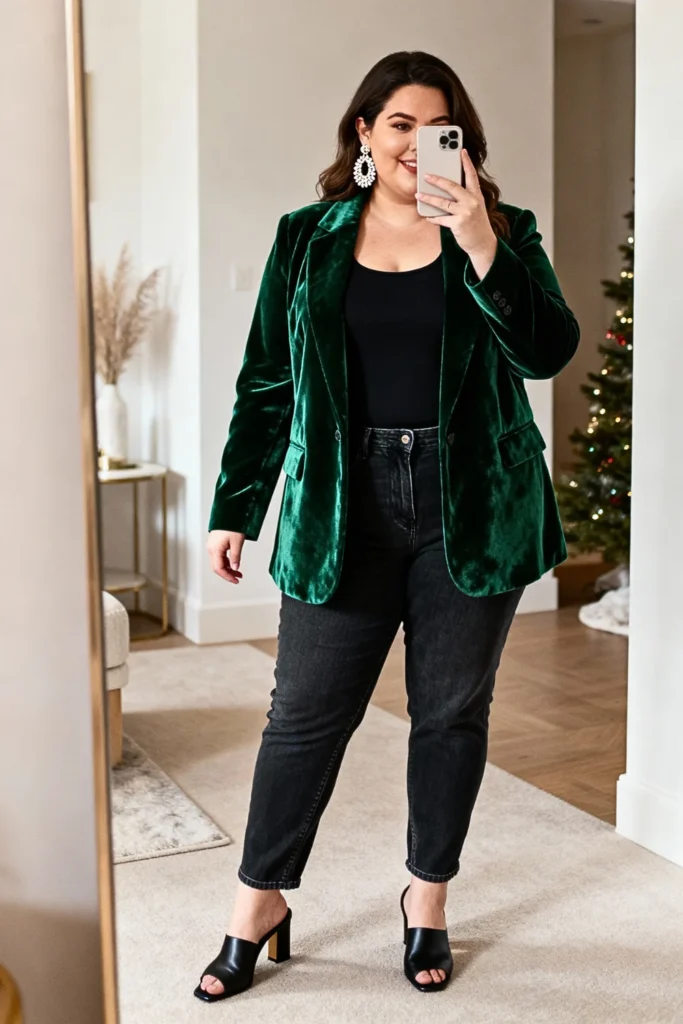 Plus Size Velvet Blazer and Jeans Outfit