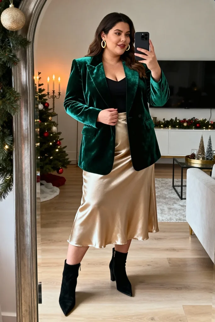 Plus Size Velvet Blazer and Satin Midi Skirt Outfit