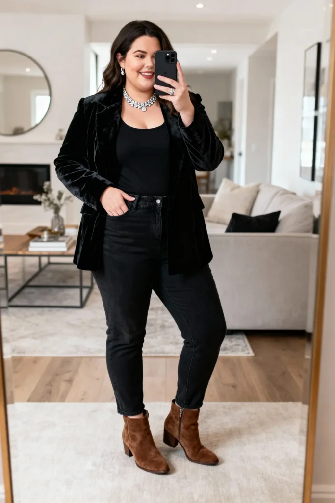 Plus Size Velvet Blazer and Straight Leg Jeans Outfit