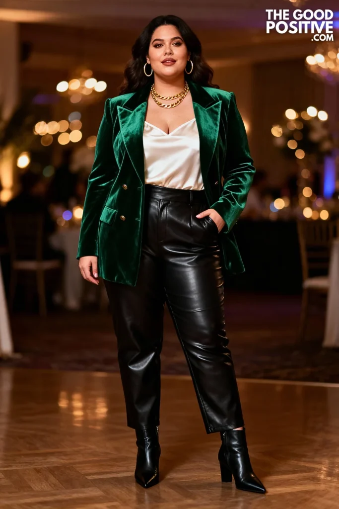 Plus Size Velvet Blazer with Leather Pants Outfit