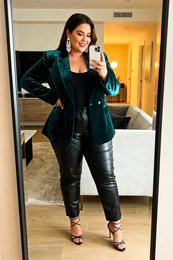 Plus Size Velvet Blazer with Leather Pants Outfit