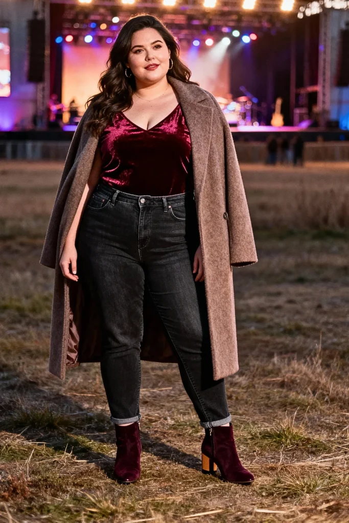 Plus Size Velvet Bodysuit and High-Waisted Jeans Outfit