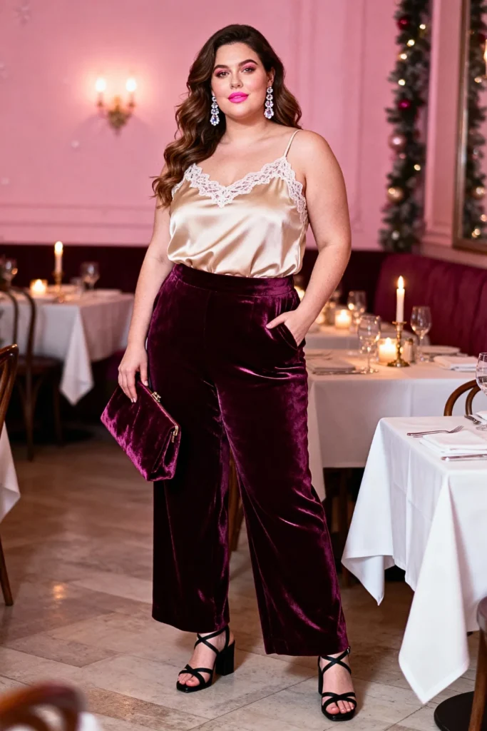 Plus Size Velvet Trousers with Lace-Trim Camisole Outfit