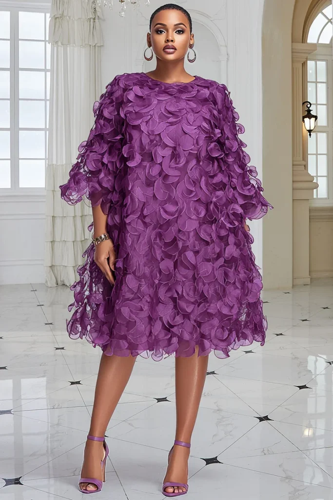 Plus Size Wedding Guest Purple Round Neck Flare 3:4 Sleeve 3D Elegant Midi Dress