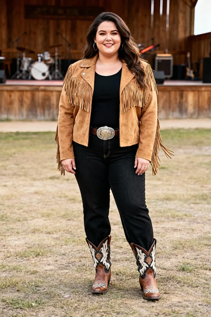 Plus Size Western Fringe Jacket and Denim Outfit