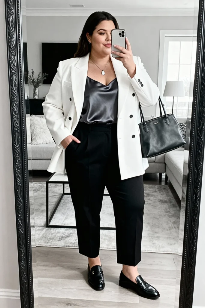 Plus Size White Blazer with Black Trousers Outfit