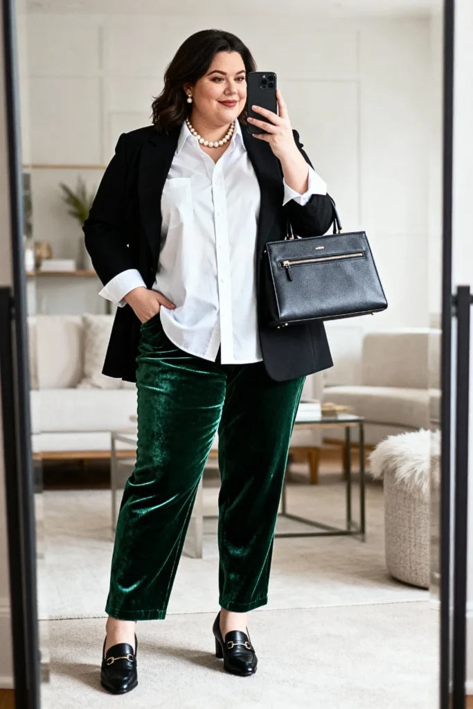 Plus Size White Button-Down and Velvet Pants Outfit