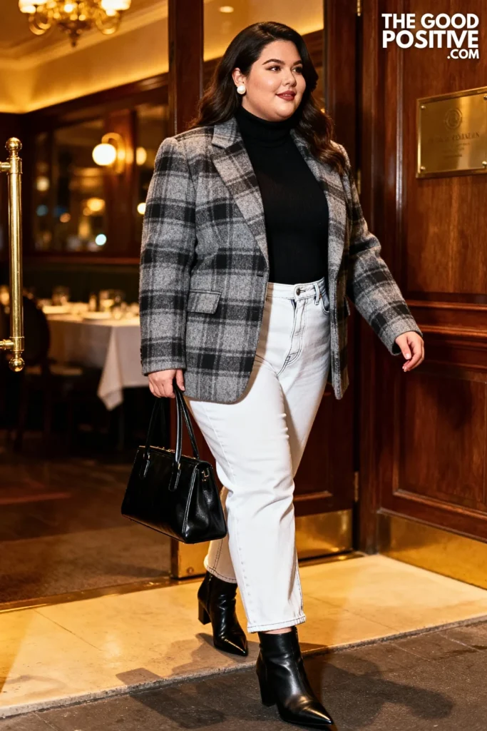 Plus Size White Denim Jeans With Plaid Blazer Outfit
