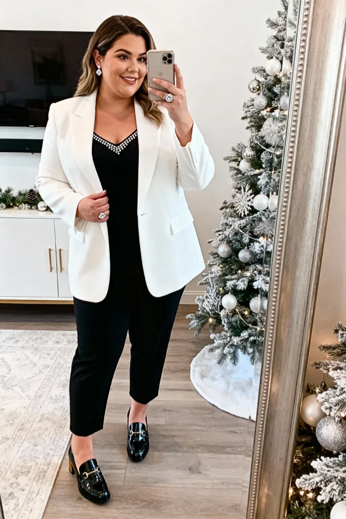 Plus Size White Tuxedo Blazer and Embellished Cami Outfit