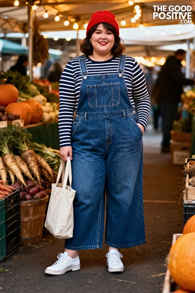 Plus Size Wide Leg Denim Overalls With Striped Shirt Outfit
