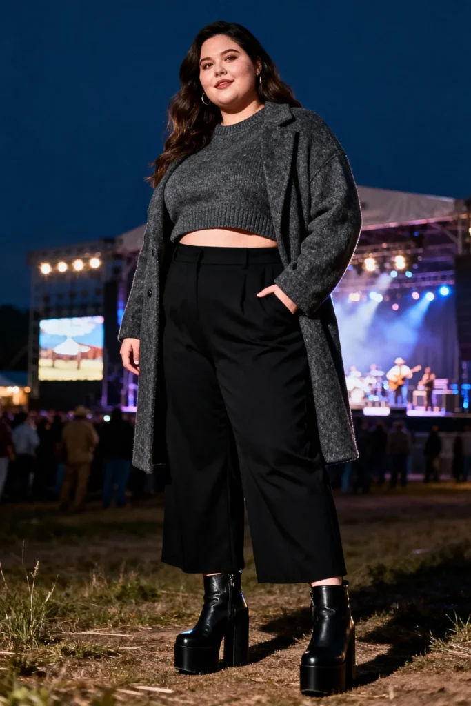 Plus Size Wide-Leg Trousers and Crop Sweater Night Outfit