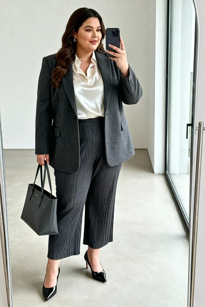 Plus Size Wool Blend Blazer with Trousers Outfit