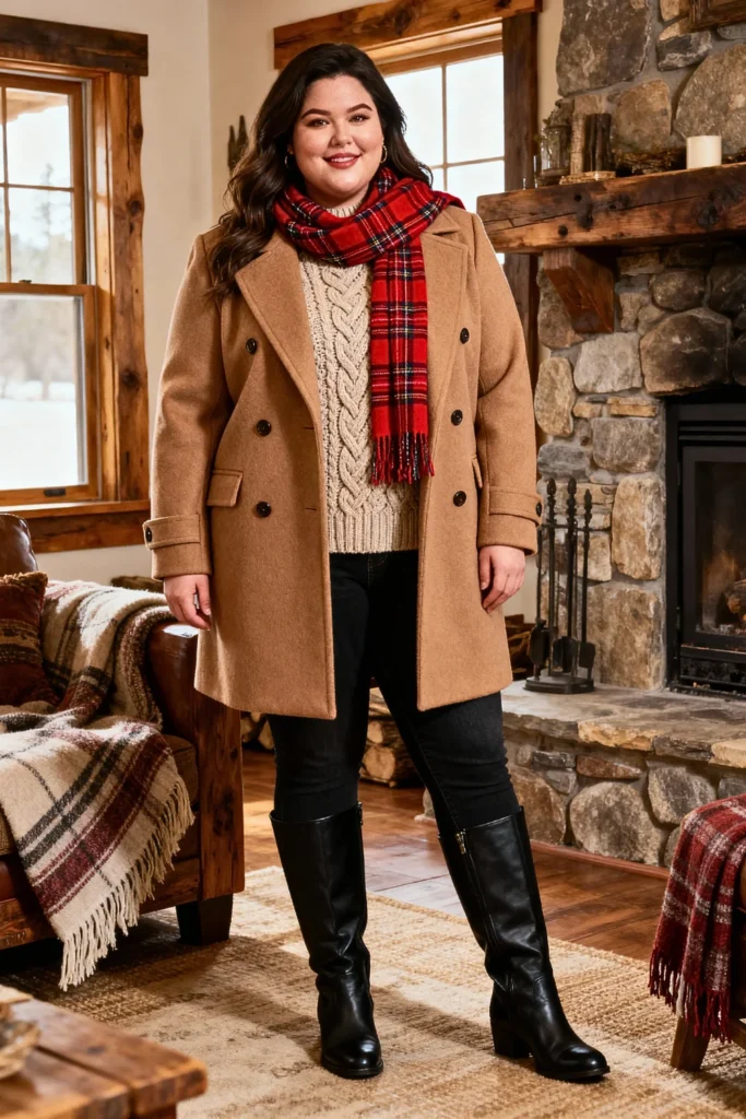 Plus Size Wool Blend Peacoat With Plaid Scarf Outfit
