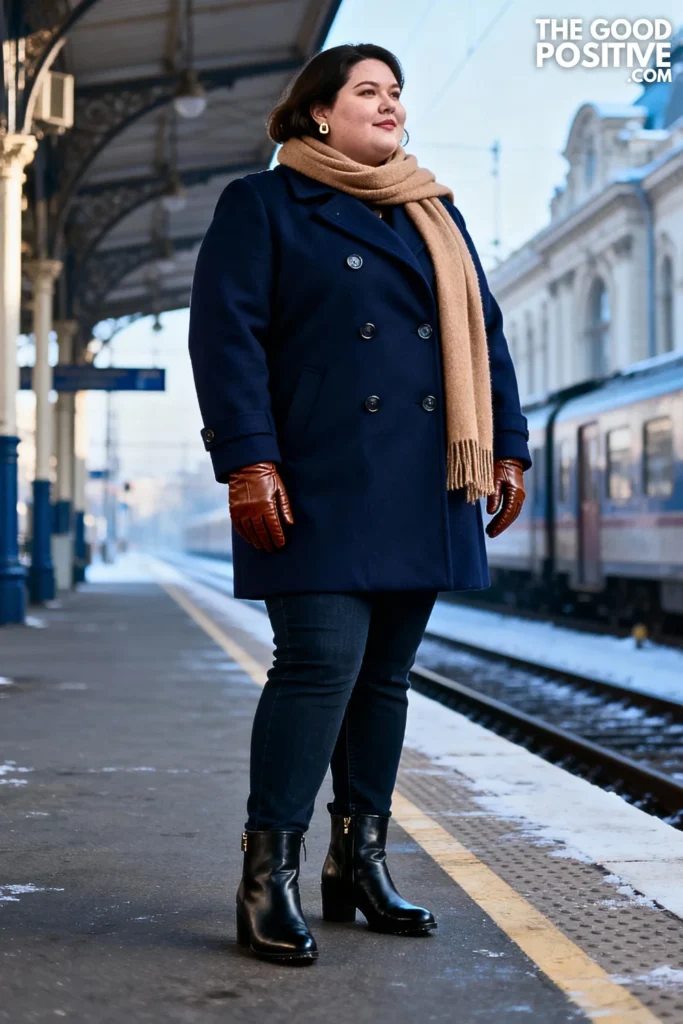 Plus Size Wool Peacoat with Straight Jeans and Cashmere Scarf Outfit
