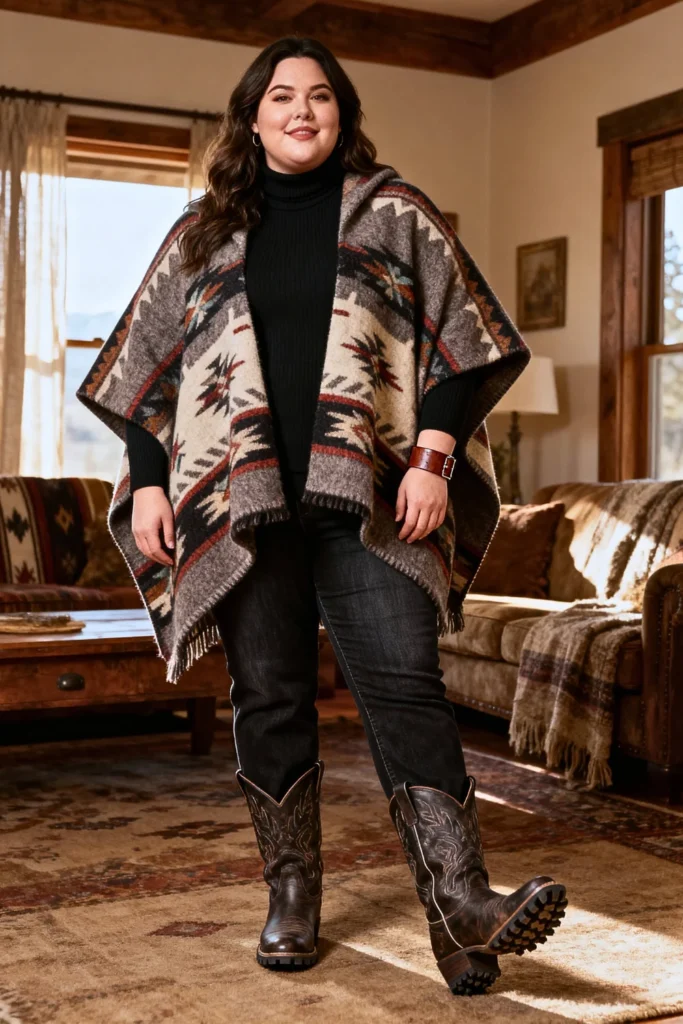 Plus Size Wool Poncho Over Turtleneck Outfit