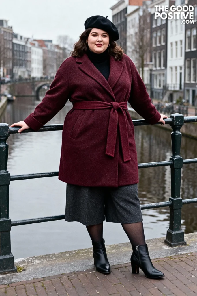 Plus Size Wool Wrap Coat with Turtleneck and Culottes Outfit