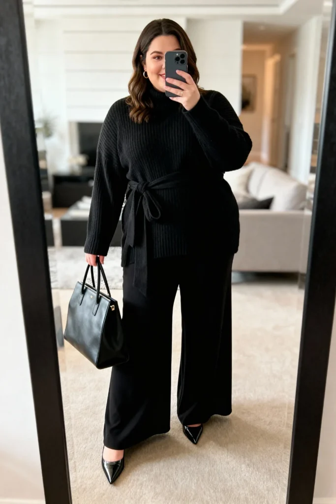 Plus Size Wrap Sweater and Palazzo Pants Outfit