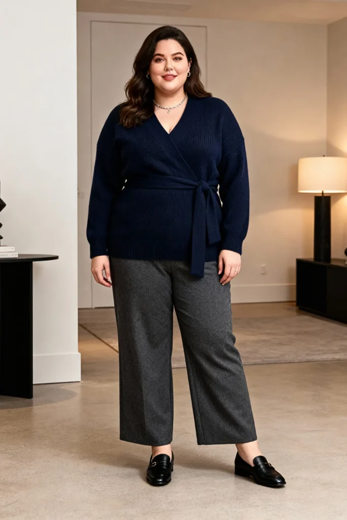 Plus Size Wrap Sweater and Trouser Pants Outfit