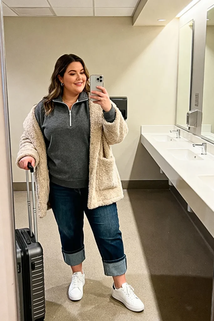 Plus Size Zip Front Sweatshirt with Barrel Leg Jeans Outfit