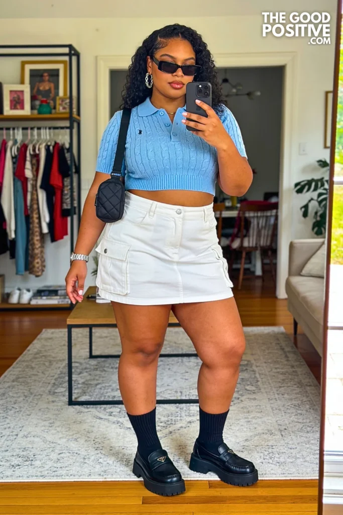 Baby Blue Knit Crop Polo With White Cargo Mini Skirt