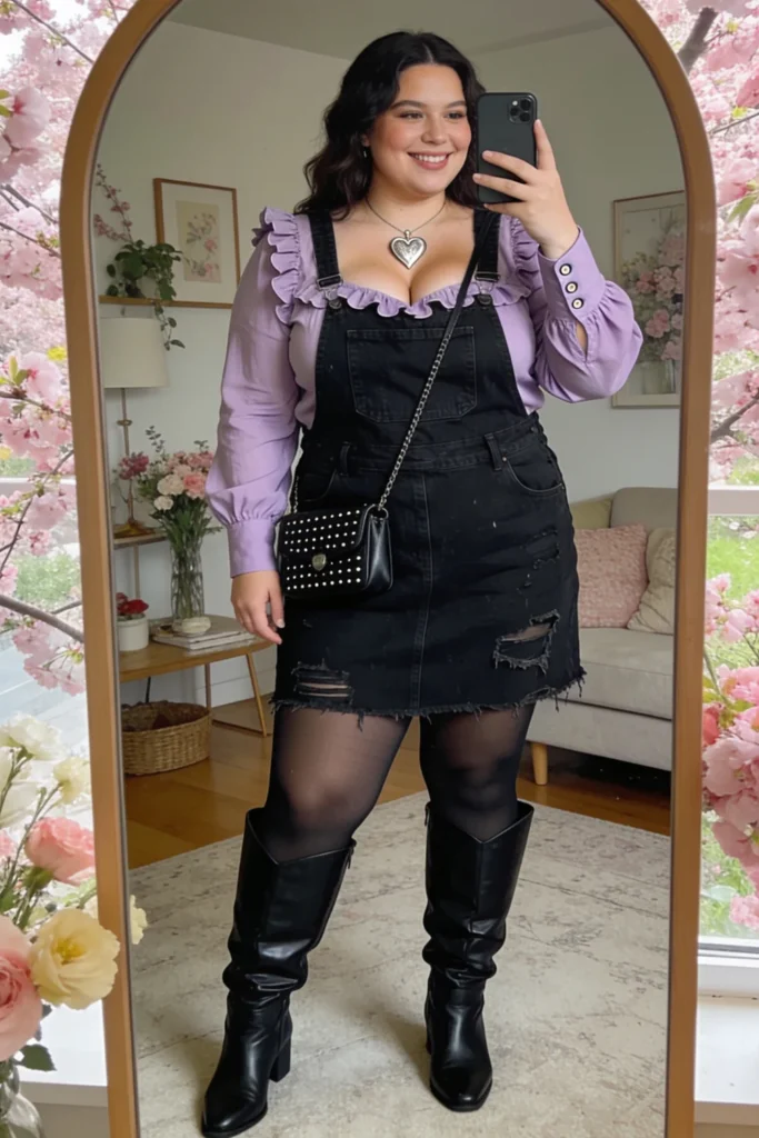 Black Denim Pinafore Dress, Lavender Ruffle Blouse, And Knee-High Boots