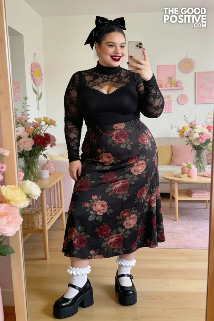 Black Lace Mock-Neck Top, Dark Rose Maxi Skirt, And Mary Jane Platforms