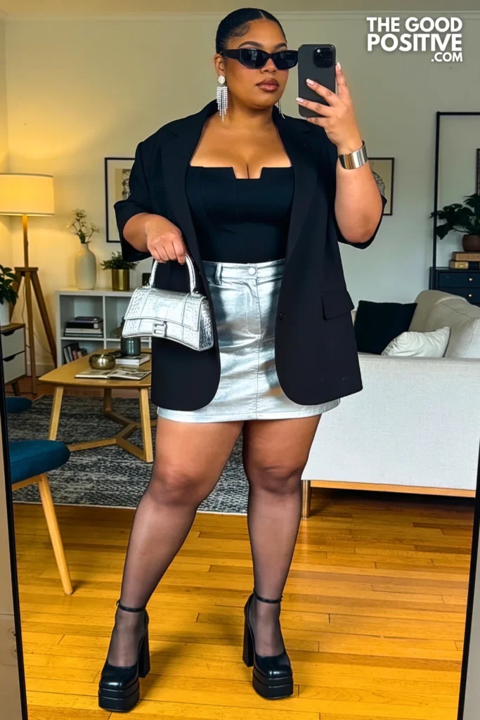 Black Oversized Blazer With Metallic Silver Mini Skirt
