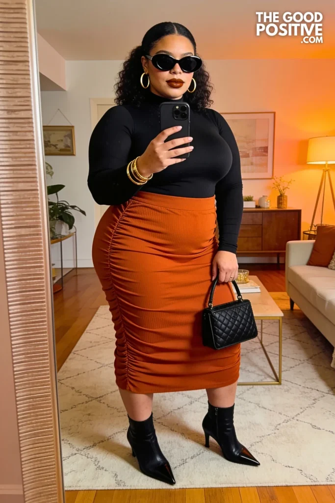 Burnt Orange Ruched Maxi Skirt With Black Long Sleeve Bodysuit