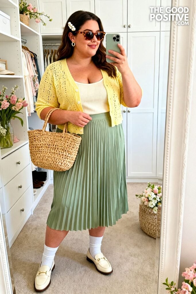 Butter Yellow Pointelle Cardigan With Sage Pleated Midi Skirt