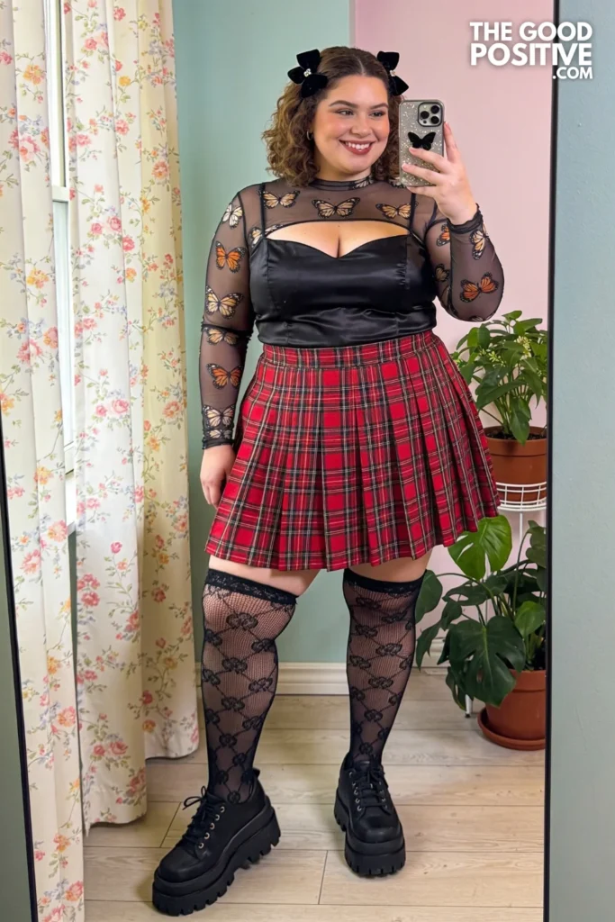 Butterfly Mesh Top, Black Cami, And Pleated Plaid Midi Skirt