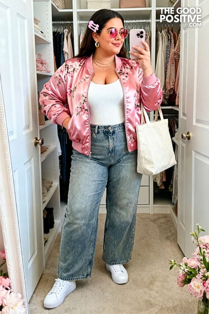 Cherry Blossom Satin Bomber With Stonewashed Wide-Leg Jeans