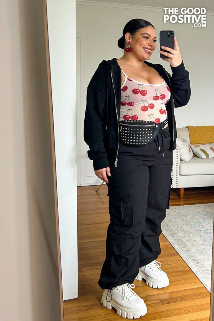 Cherry Print Mesh Tank, Black Cargo Pants, And Platform Sneakers