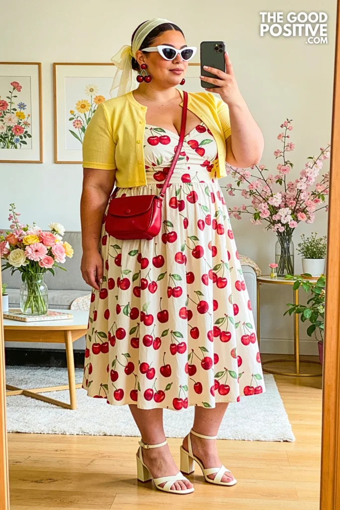 Cherry Print Poplin Midi Dress With Lemon Yellow Cardigan