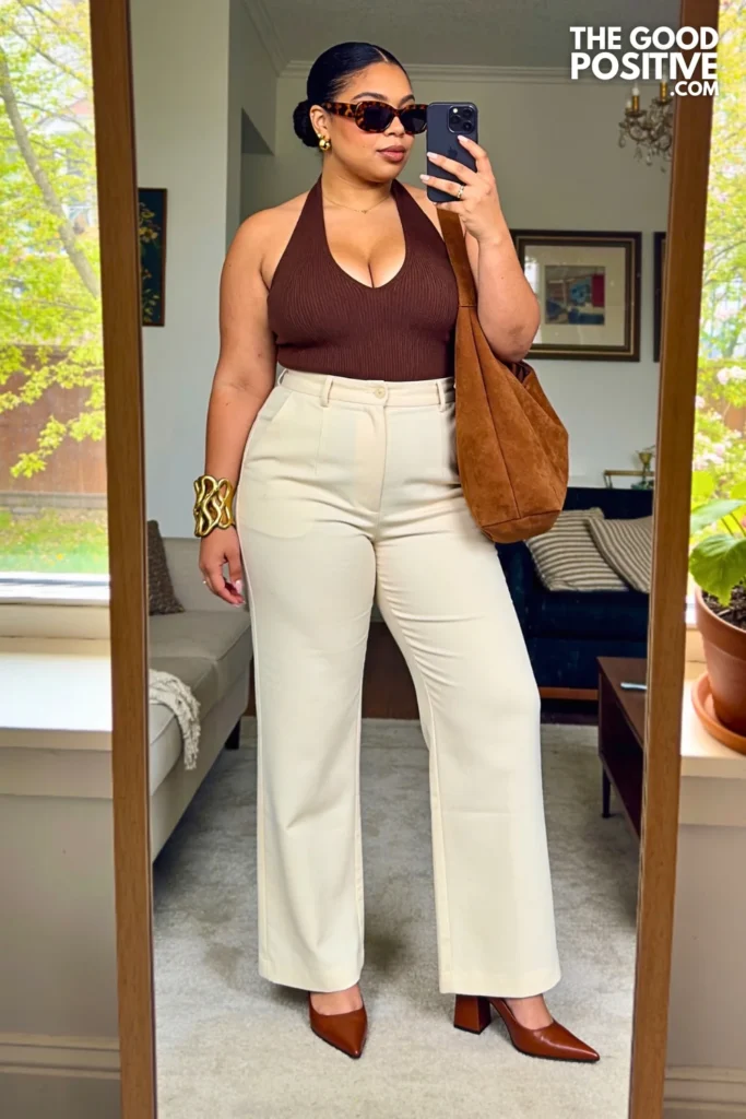 Chocolate Brown Halter Top With Cream Wide Leg Trousers