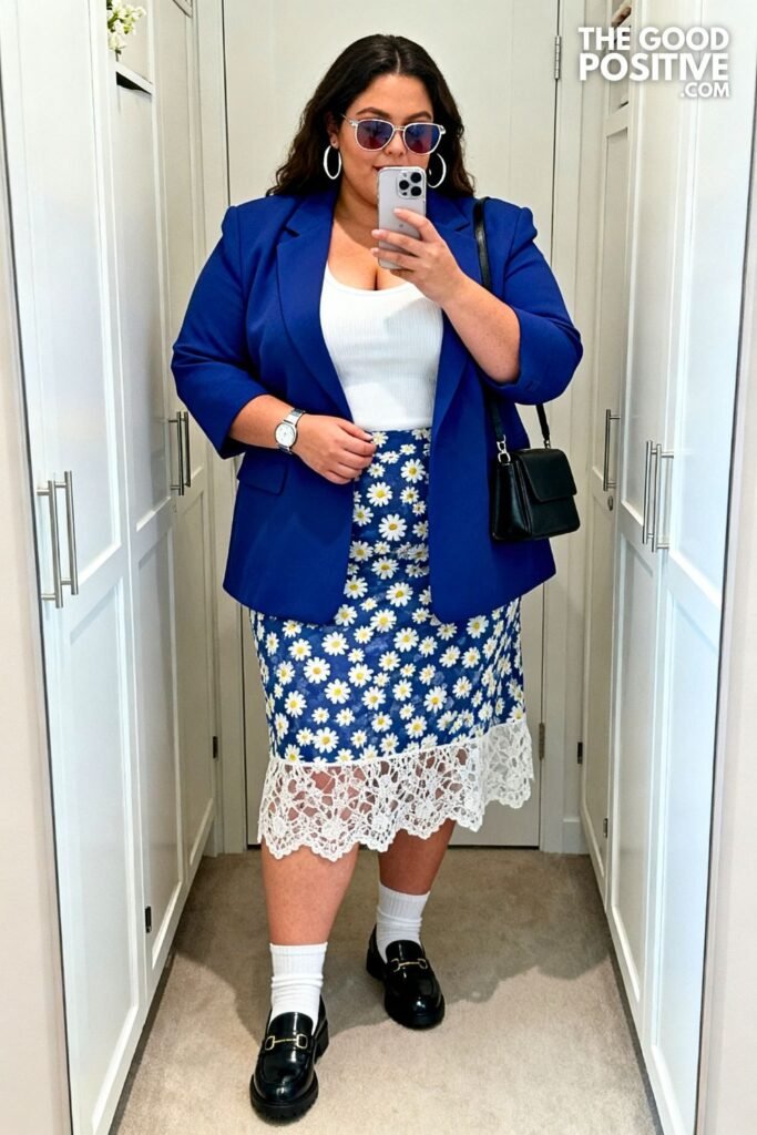 Cobalt Blue Boxy Blazer With Daisy Lace Midi Skirt