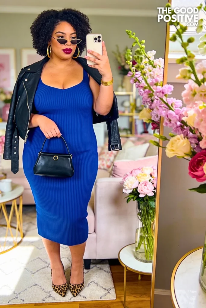 Cobalt Ribbed Bodycon Midi Dress With Leopard Kitten Heels