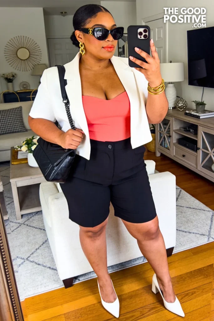 Coral Bandeau Top With Black Tailored Bermuda Shorts